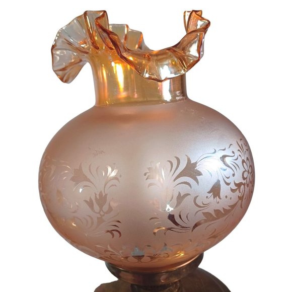 Antique Fenton Hurricane Oil Lamp Conv. Electric Iridescent Amber Shades Vintage - Picture 9 of 14